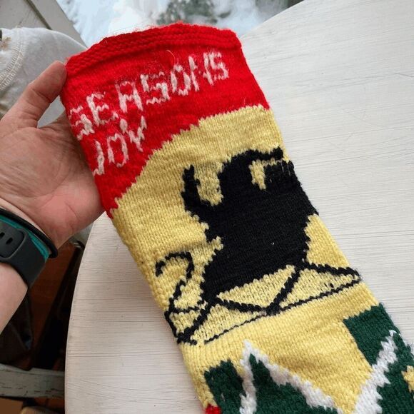 Vintage Knit Christmas Stocking Santa Sleigh Scene Handmade Red Green Yellow - Picture 7 of 7